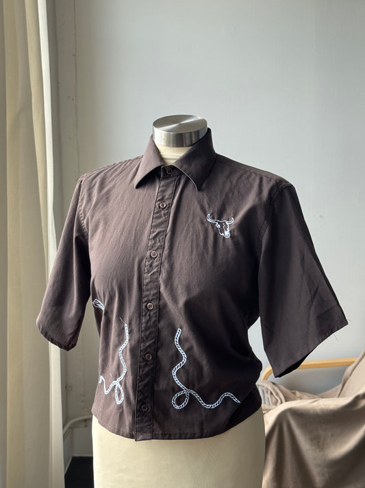 Judy Handcrafted Embroidered Sad Songs Cropped Button Down