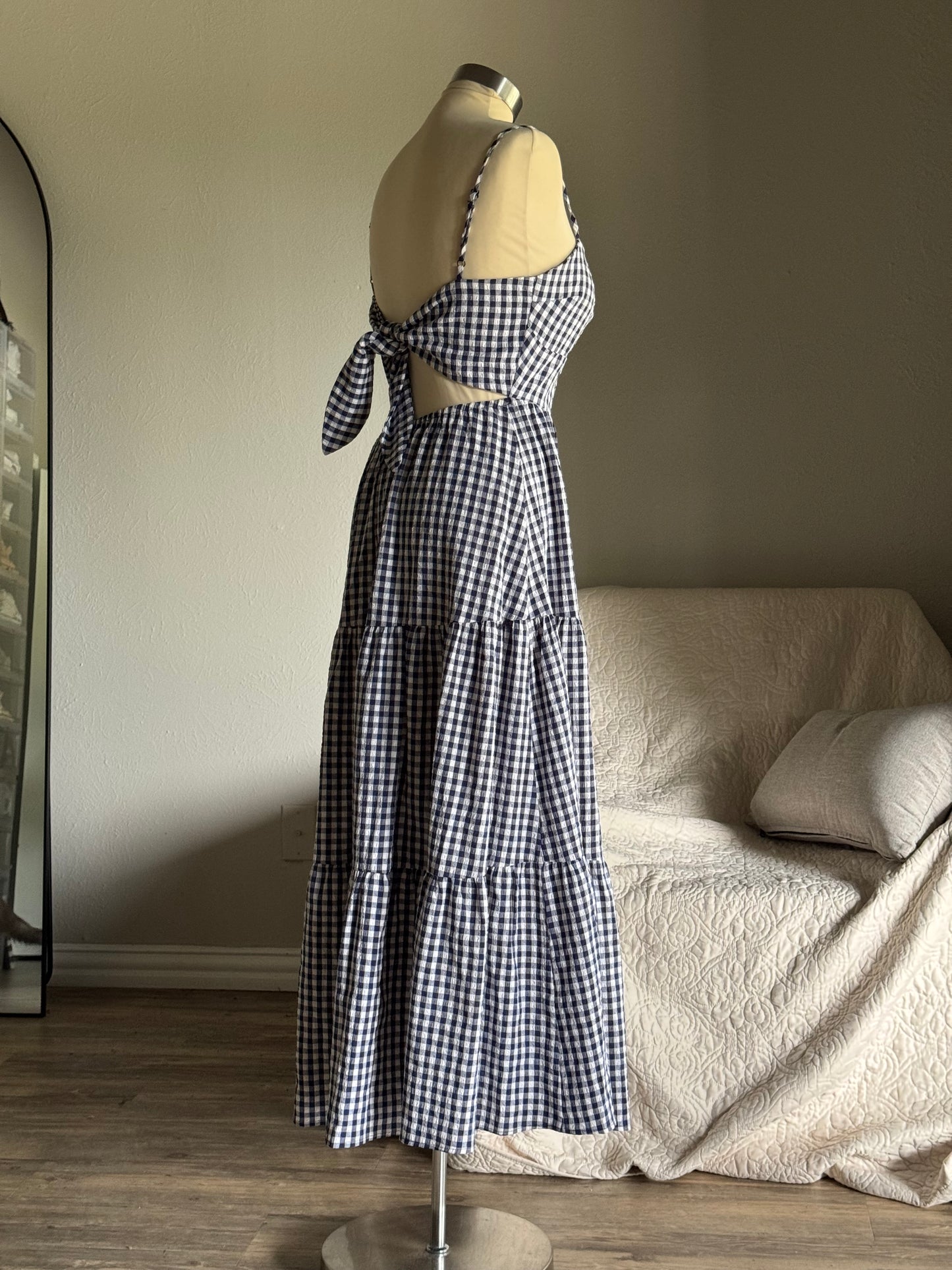 Mary Cotton Gingham Open Back Maxi Dress In Midnight Navy