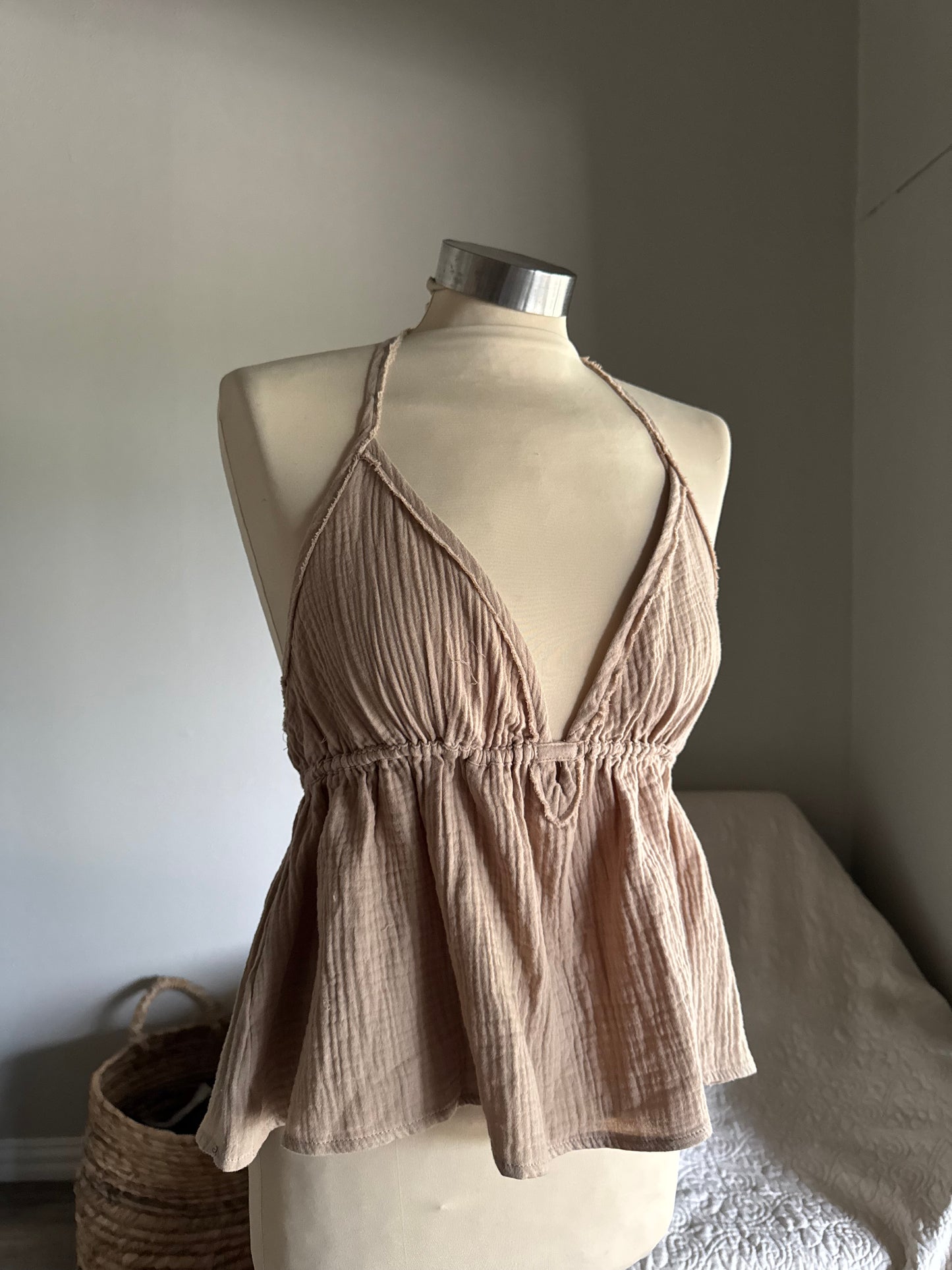 Marcia Cotton Gauze Halter Top In Taupe