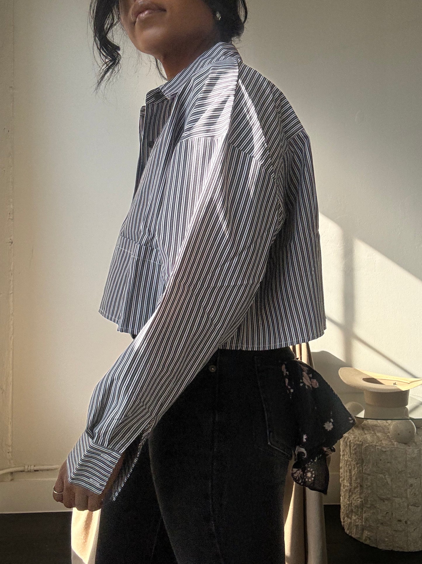 Tucker Cropped Long Sleeve Striped Shirt In Black