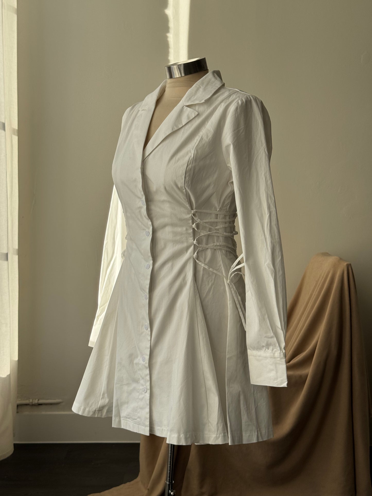 Loran Cotton Side Corset Button Down Long Sleeve Dress In White