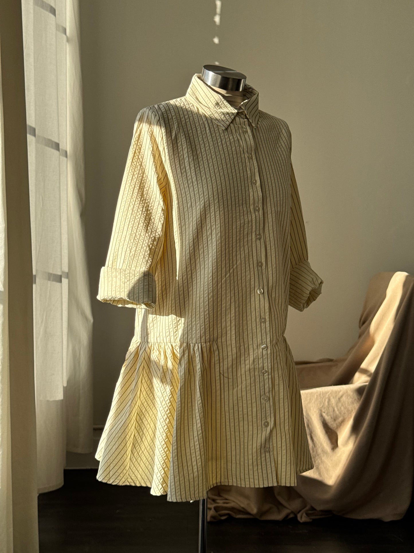 Cynthia Cotton Button Down Long Sleeve Striped Dress In Vanilla & Brown￼