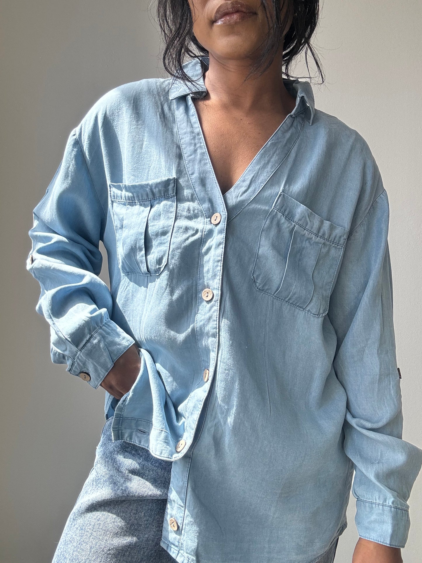 Jake Tencel & Cotton Button Down Shirt In Light Denim