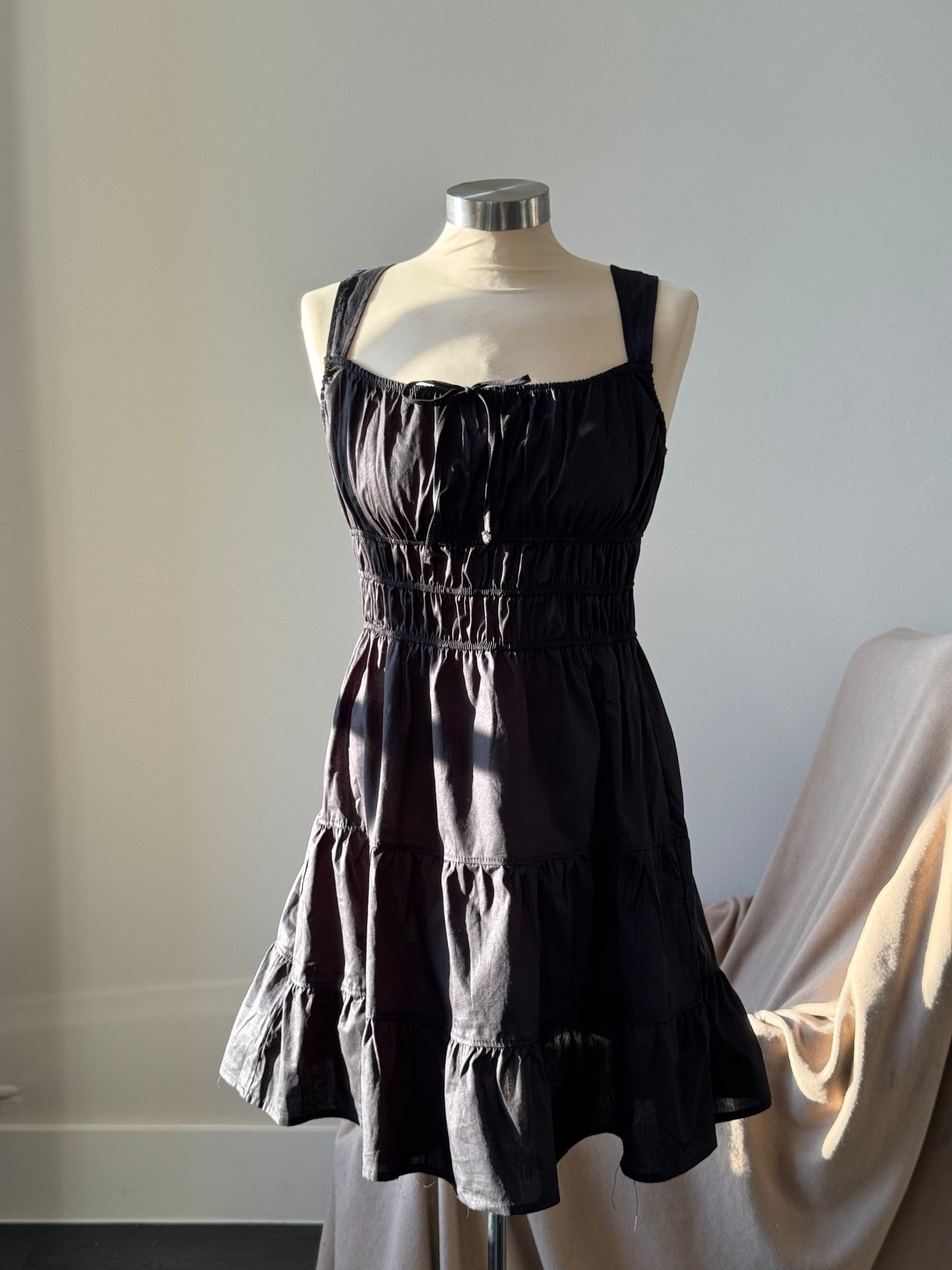 Marissa Cotton Rouged & Tiered Sundress In Black