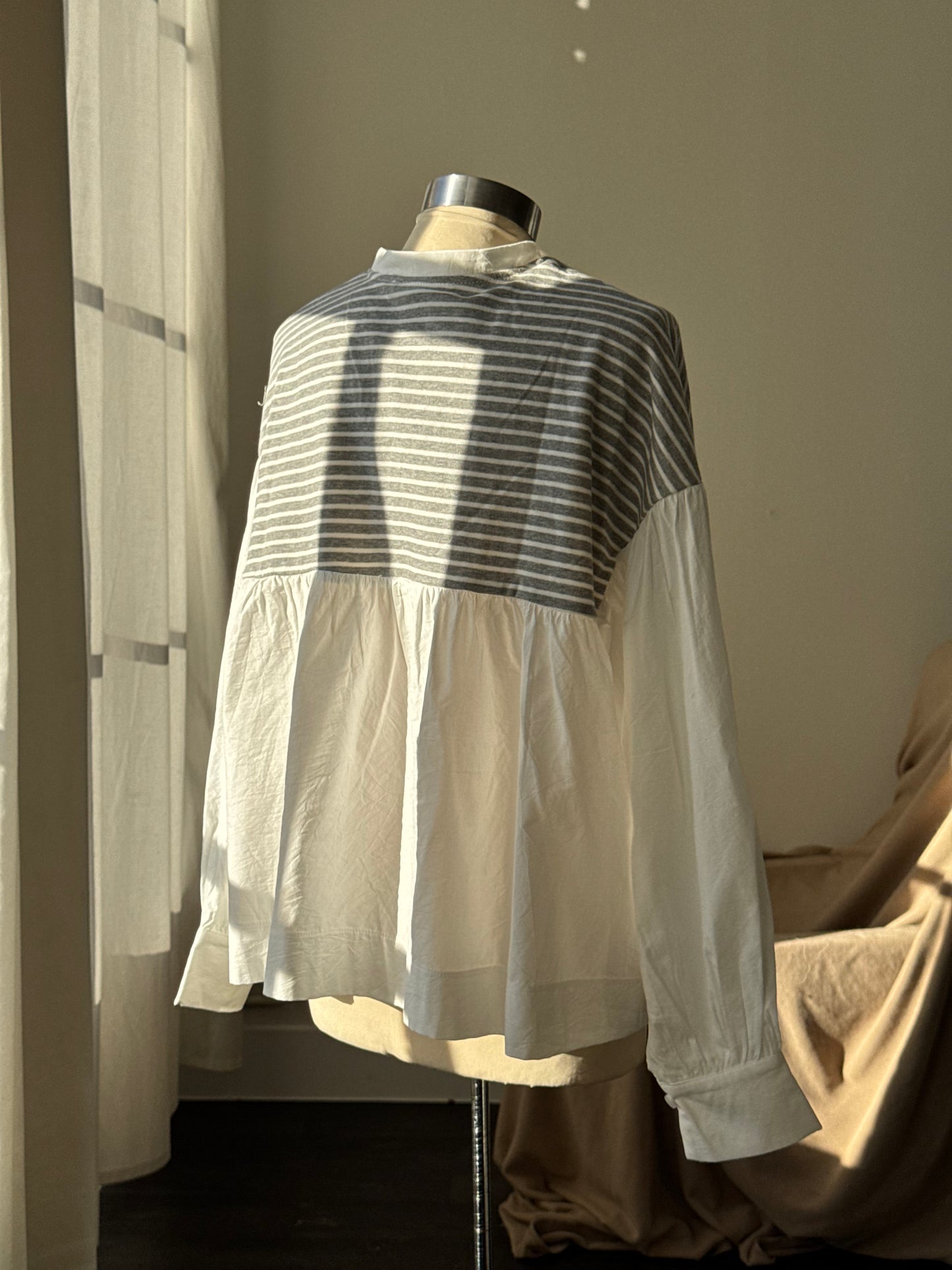 Chasity Cotton Mock Tie Neck Striped Two Tone Top In Grey￼