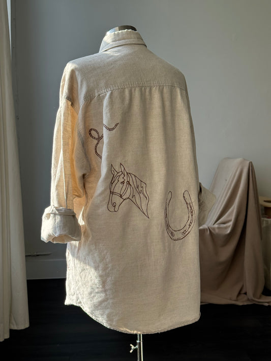 Jaxson Handcrafted Embroidered Button Down In Oatmeal
