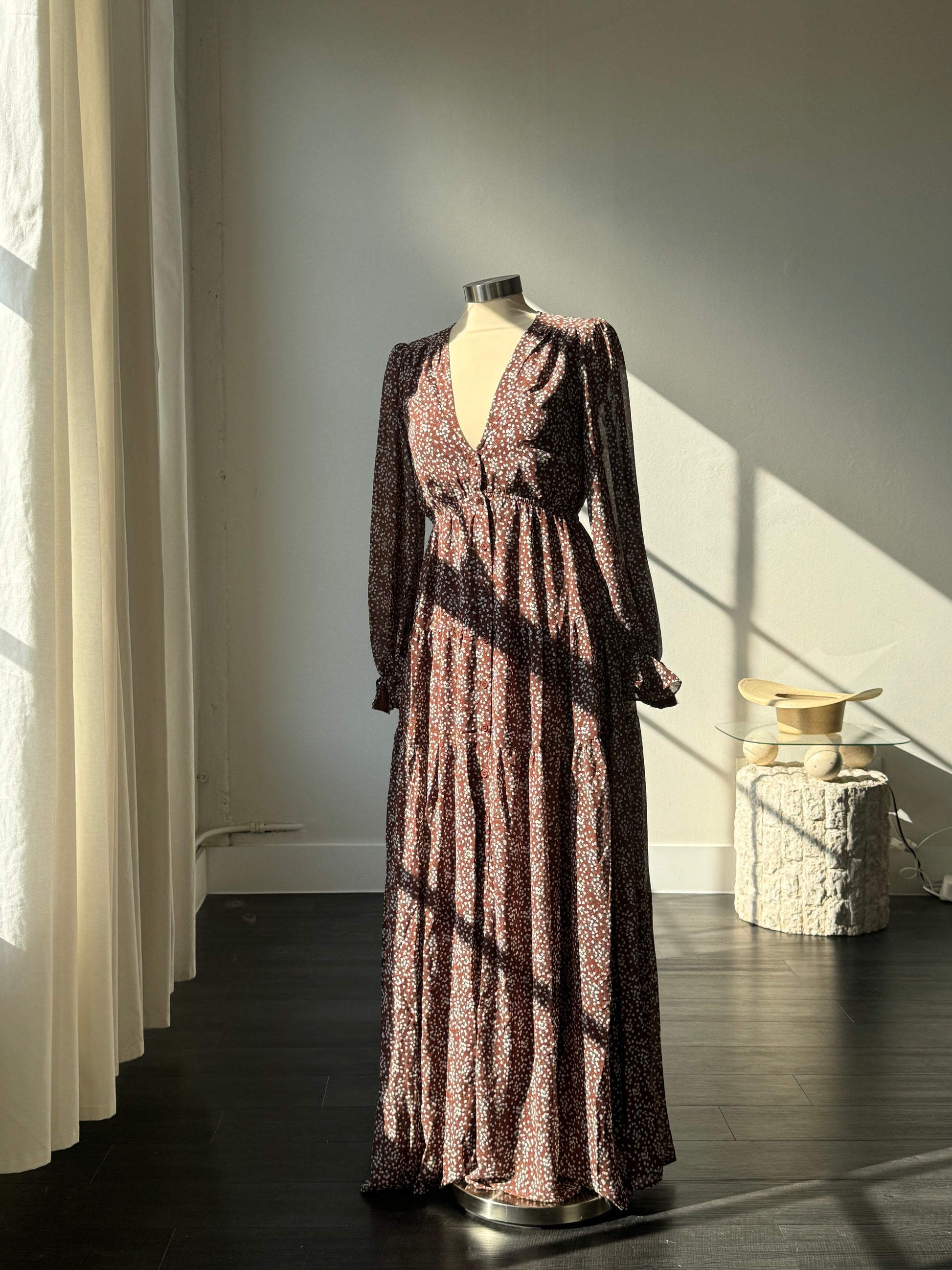 Frock Vintage Indian Cotton Dress Madeline Button Front Floral Maxi Dress In Vintage Brown L Frock Vintage Indian Cotton Dress Madeline Button Front Floral Maxi Dress In Vintage Brown L