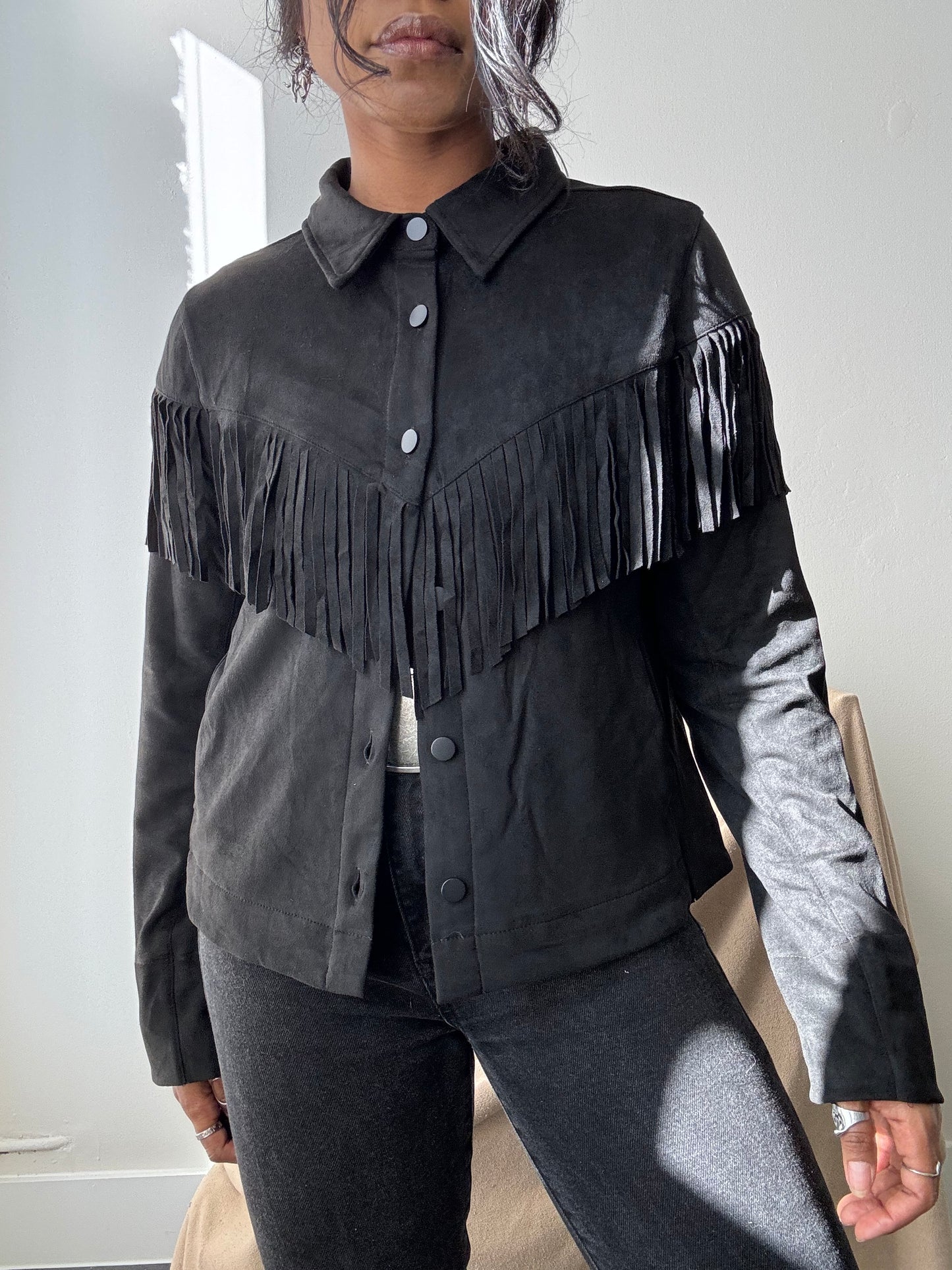 Brooks Cropped Fringe Suede Modern Western Shacket In Black