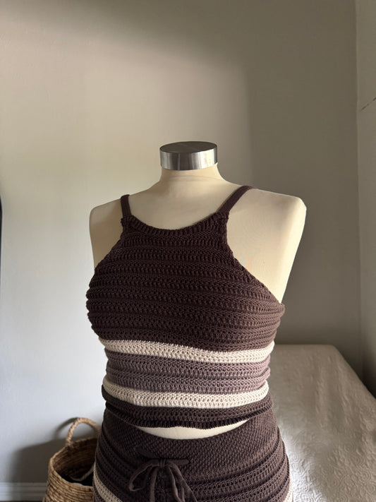 Hailey Cotton Crochet Knit Razor Tank In Espresso￼