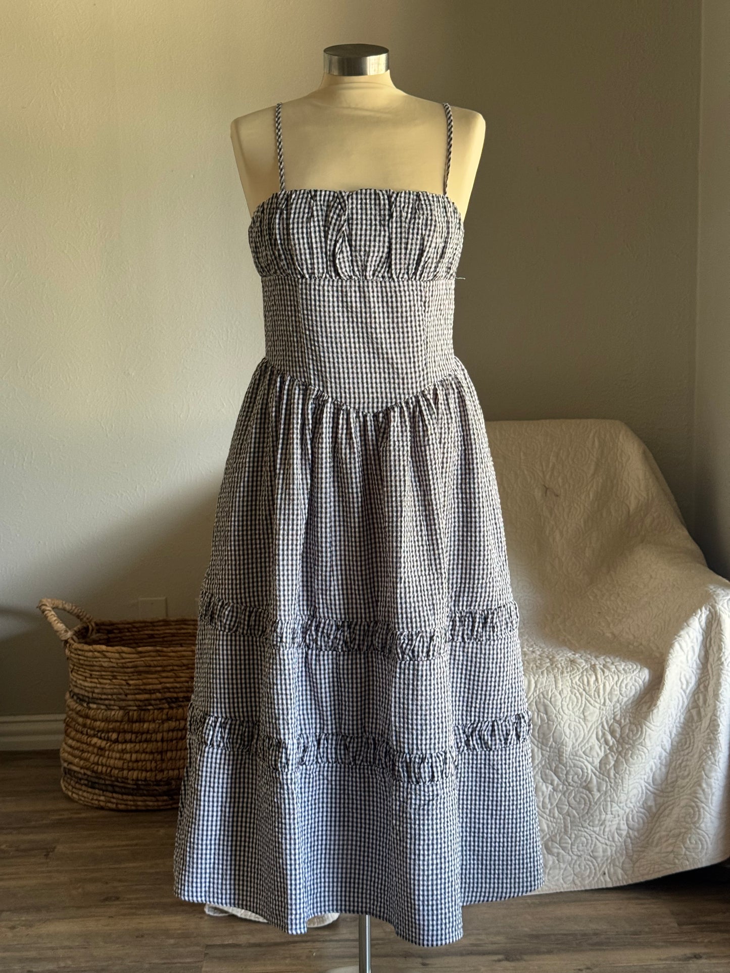 Natasha Cotton Gingham Midi Dress In Black
