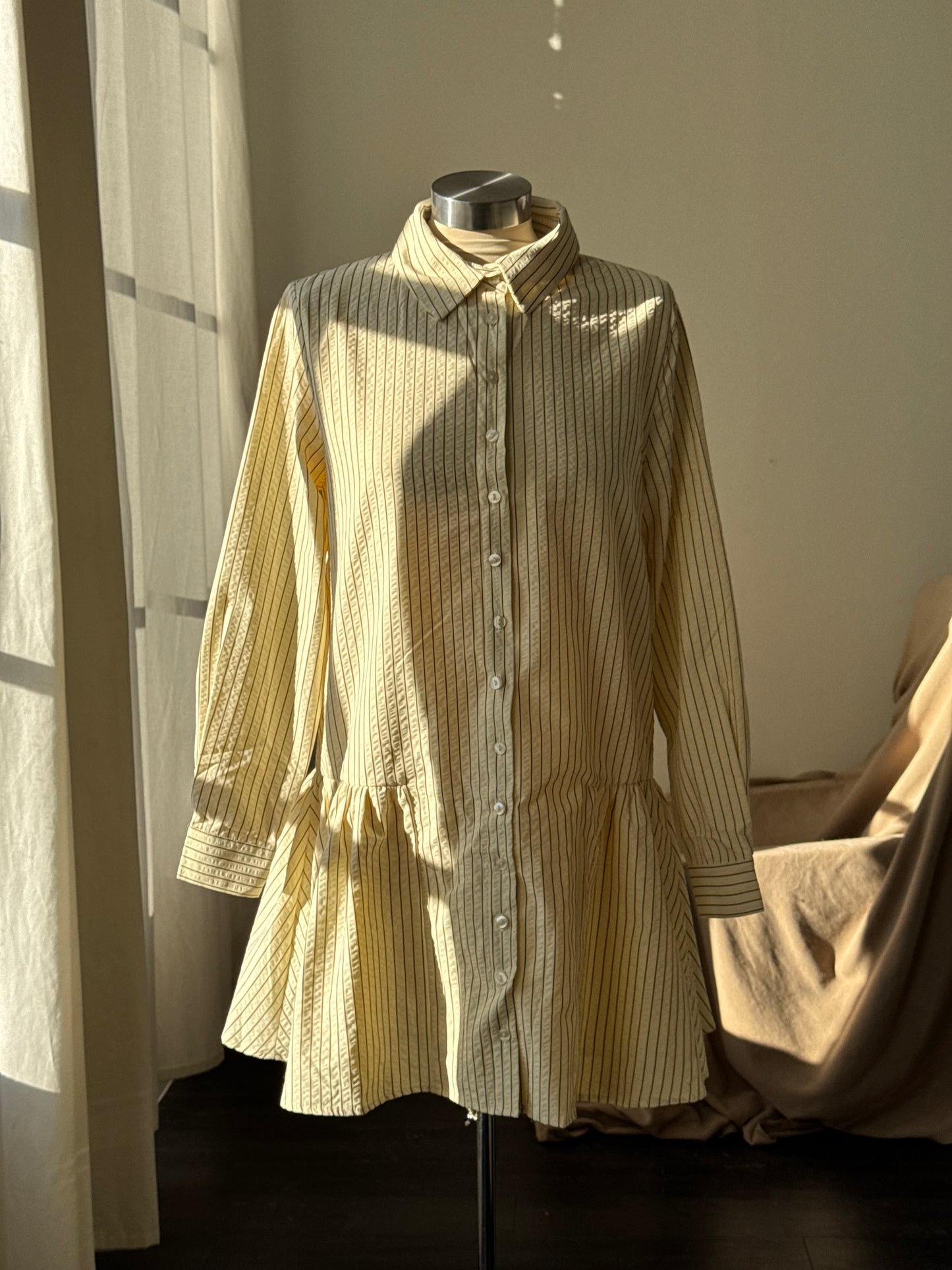 Cynthia Cotton Button Down Long Sleeve Striped Dress In Vanilla & Brown￼