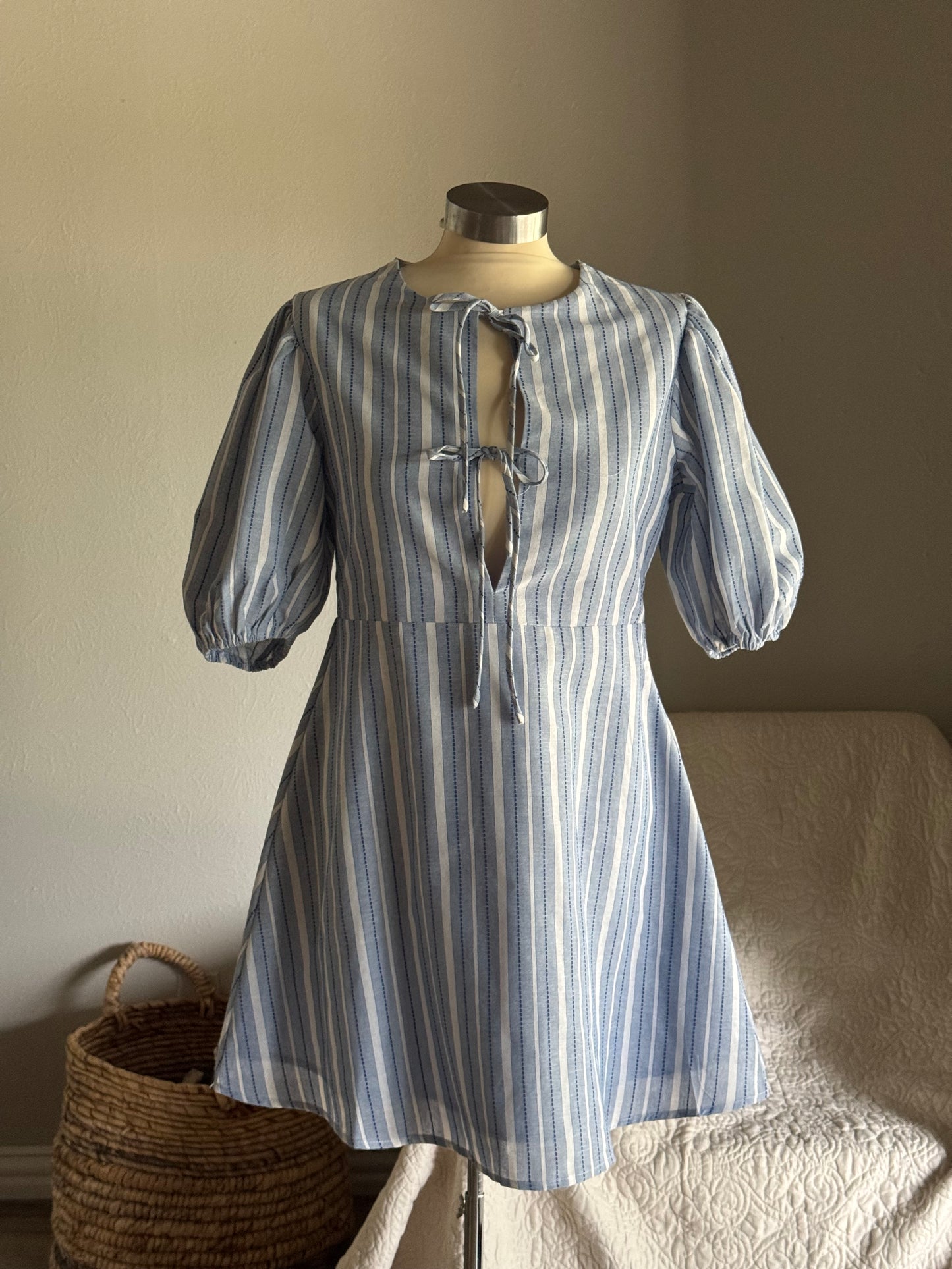Patricia Cotton Striped Embroidered Tie Front Dress In Sky￼￼