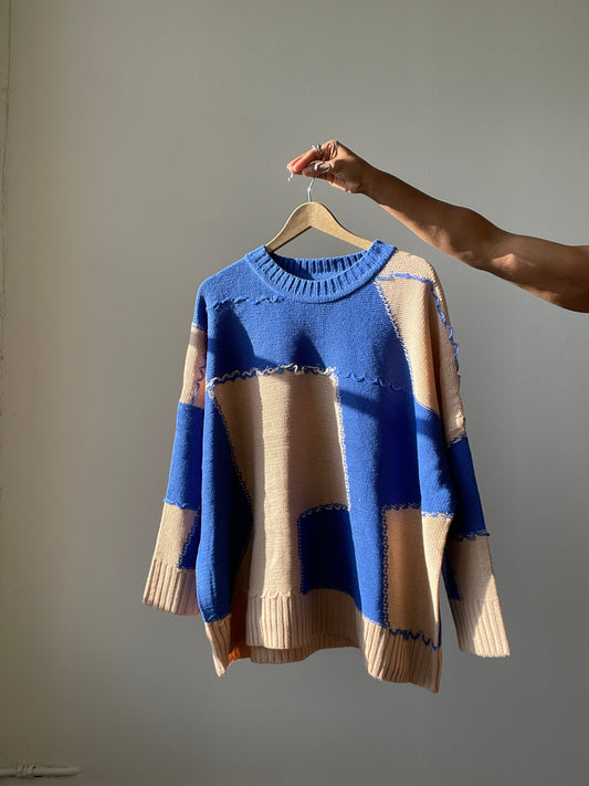 Nico Distressed Color Block Sweater In Cobalt Taupe ￼