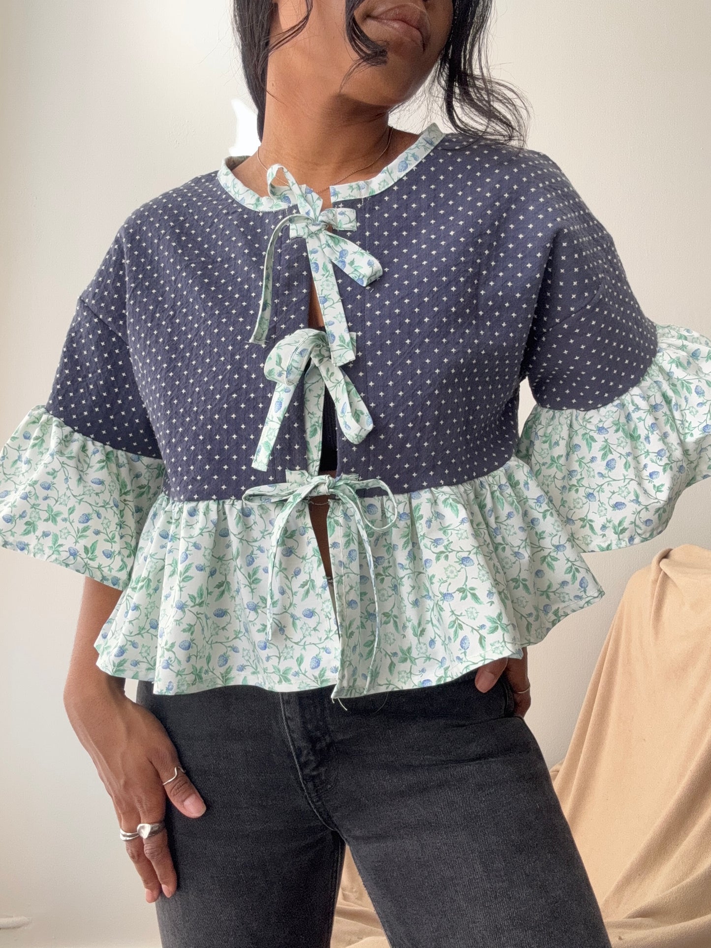 Brenda Vintage Cotton Handcrafted Ruffle Top In Navy