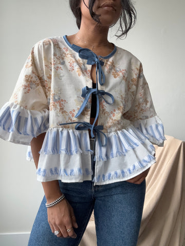 Joycie Cotton Handmade Floral & Fringe Ruffle Top In Vintage Blue