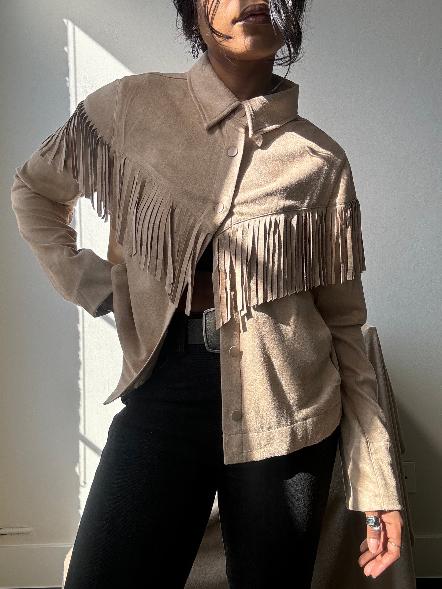 Brooks Cropped Fringe Suede Modern Western Shacket In Taupe