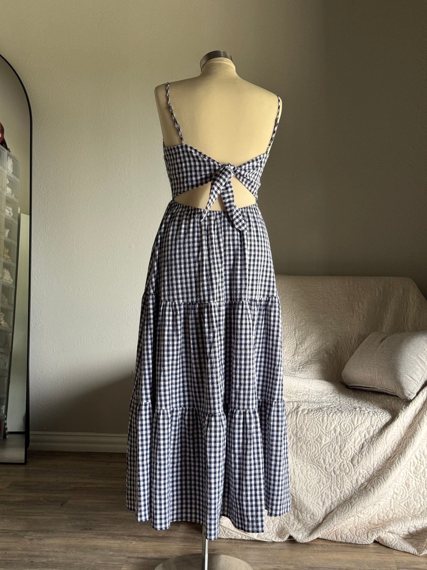 Mary Cotton Gingham Open Back Maxi Dress In Midnight Navy