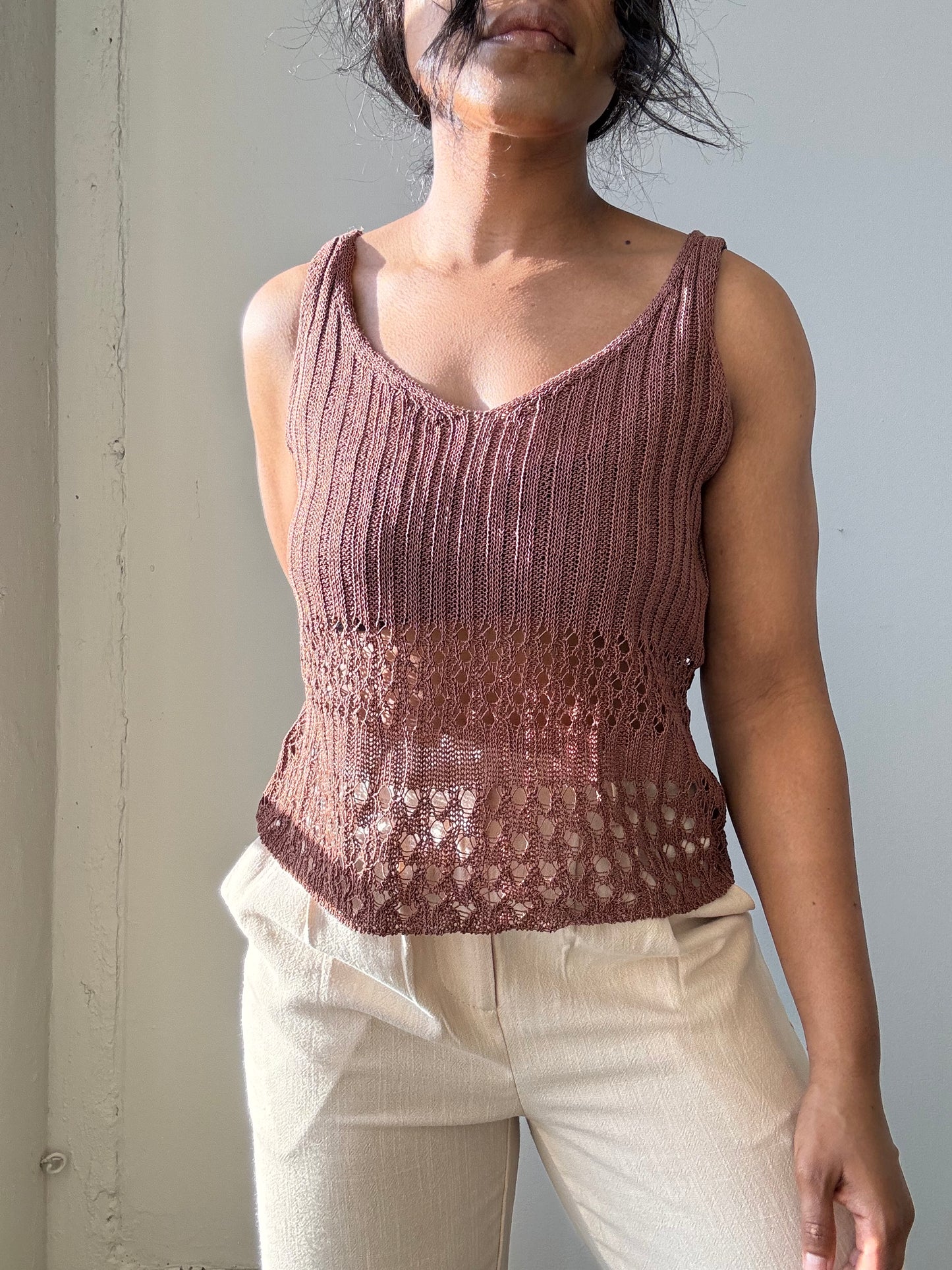 Perry Crochet Knit Tank Top In Brown