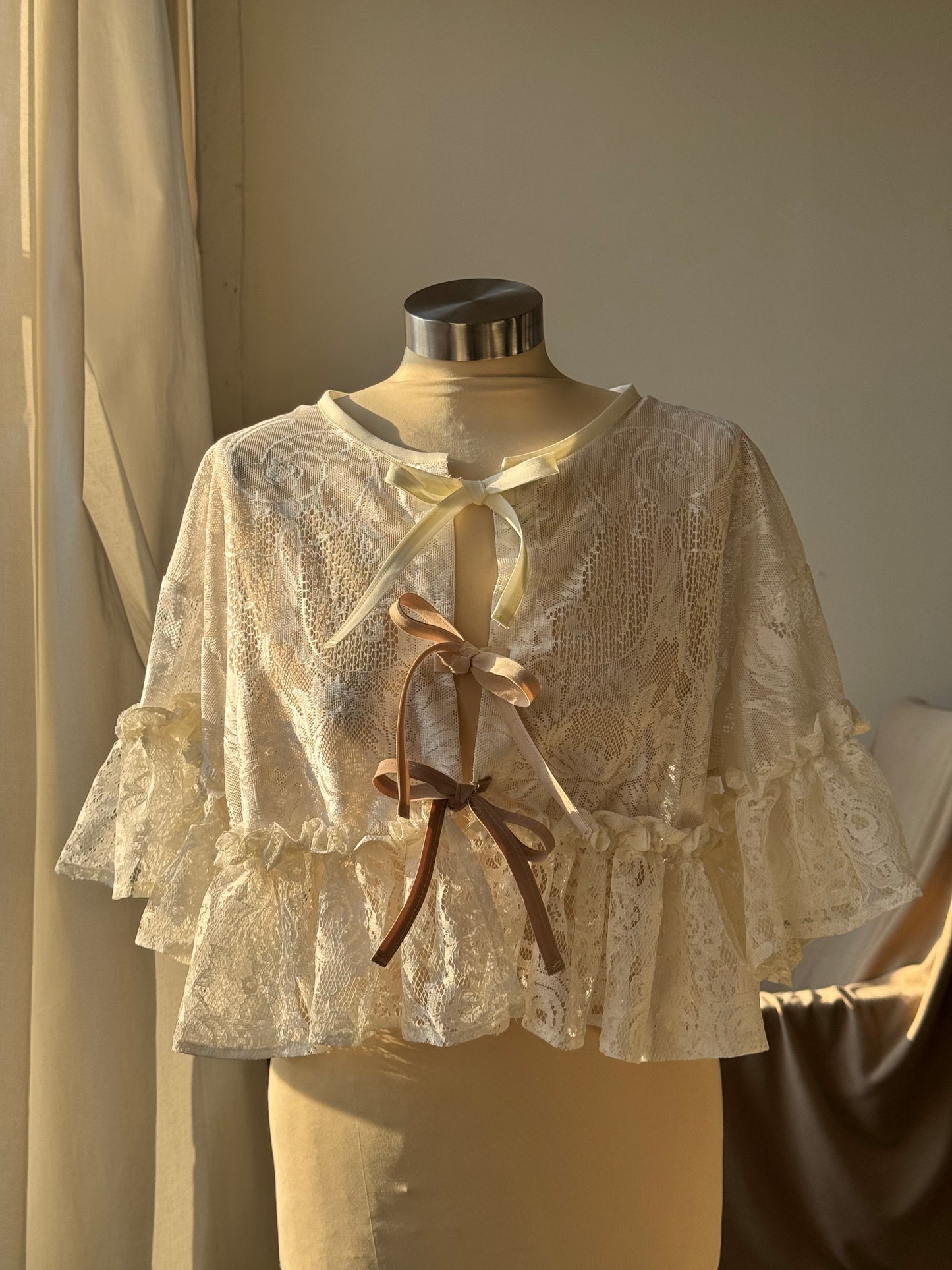 Eliza Vintage Lace Handcrafted Ruffle Top In Ivory White