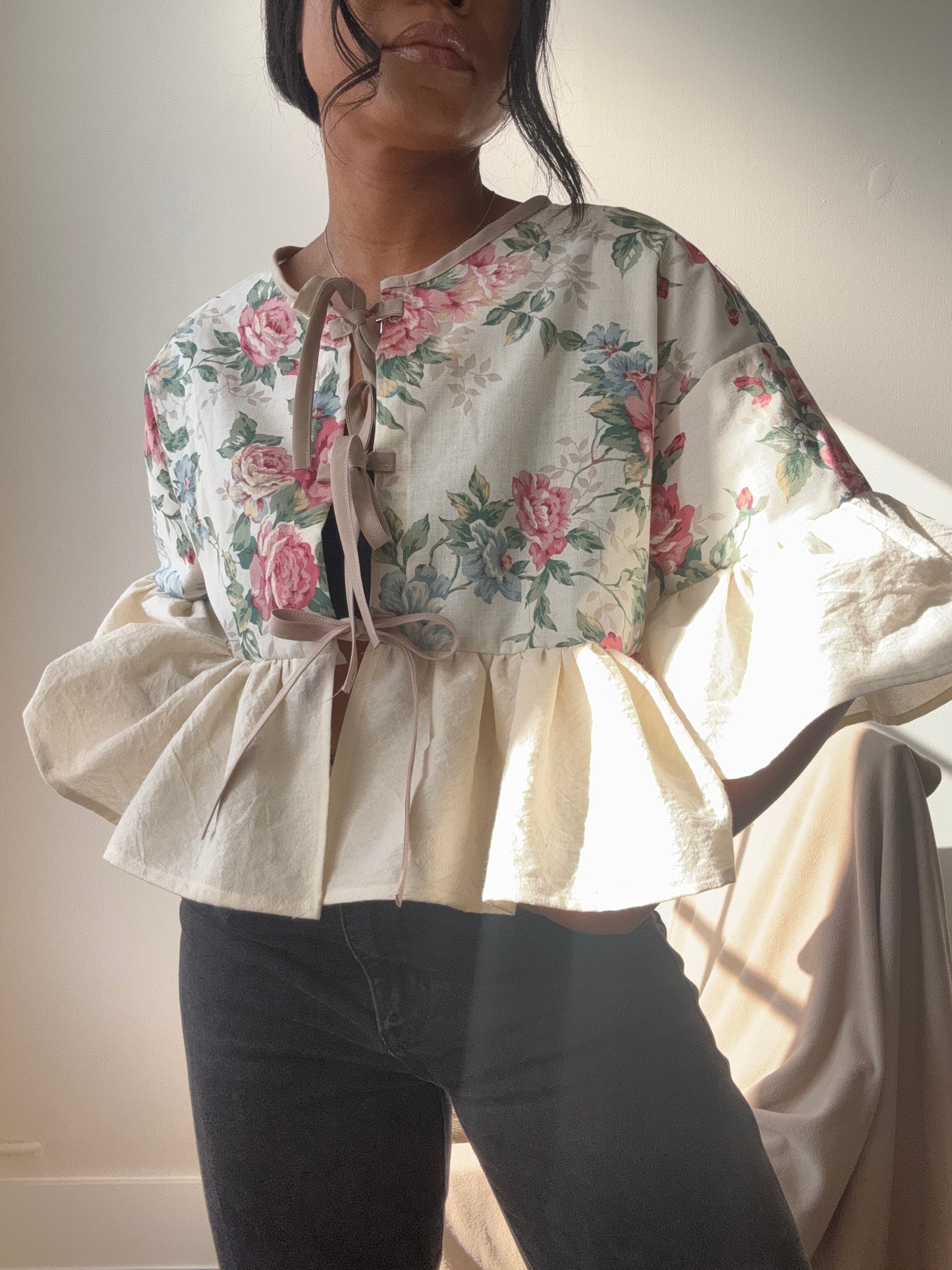 Joycie Vintage Cotton Handcrafted Ruffle Top In Roses