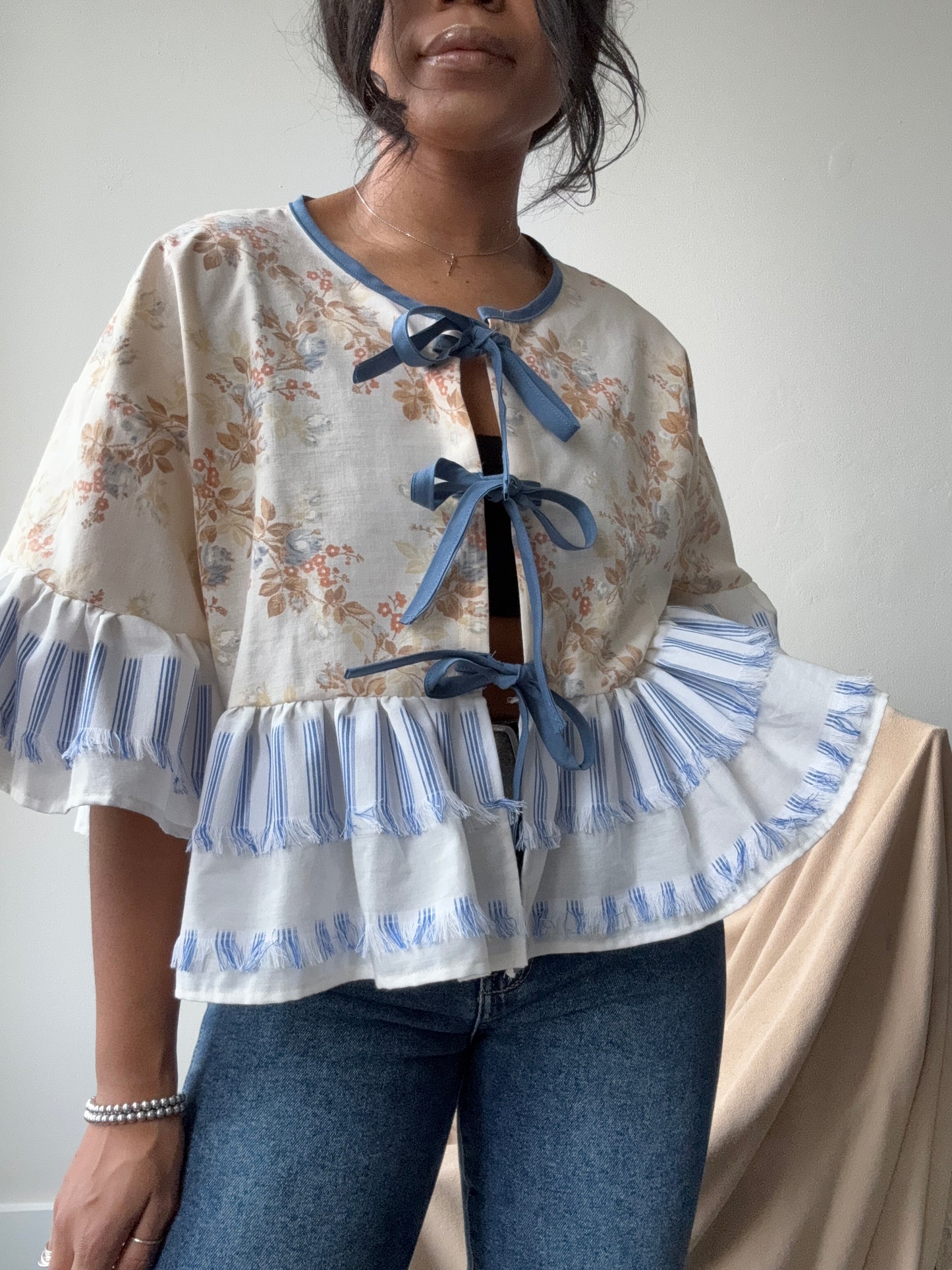 Joycie Cotton Handmade Floral & Fringe Ruffle Top In Vintage Blue