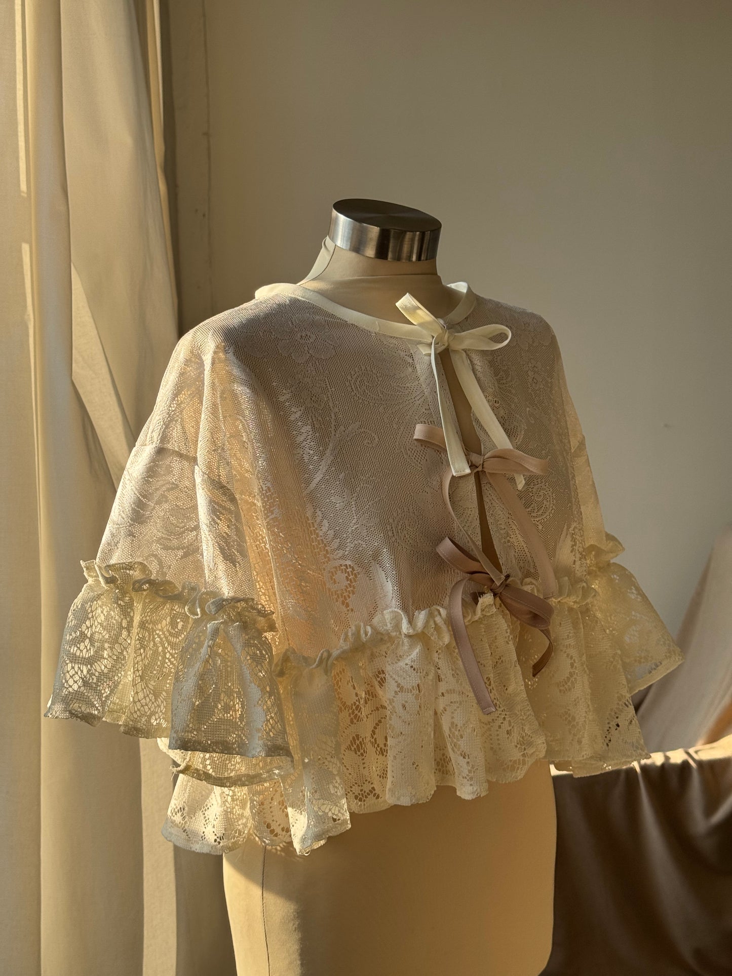 Eliza Two Tone Vintage Lace Handcrafted Ruffle Top In Ivory