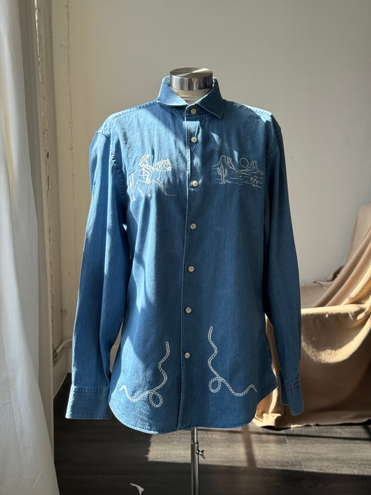 Jaxson Handcrafted Embroidered Button Down In Deep Denim