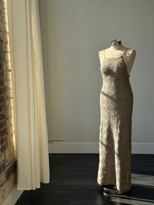 Arizona Cotton Crochet Open Back Maxi Dress In Natural