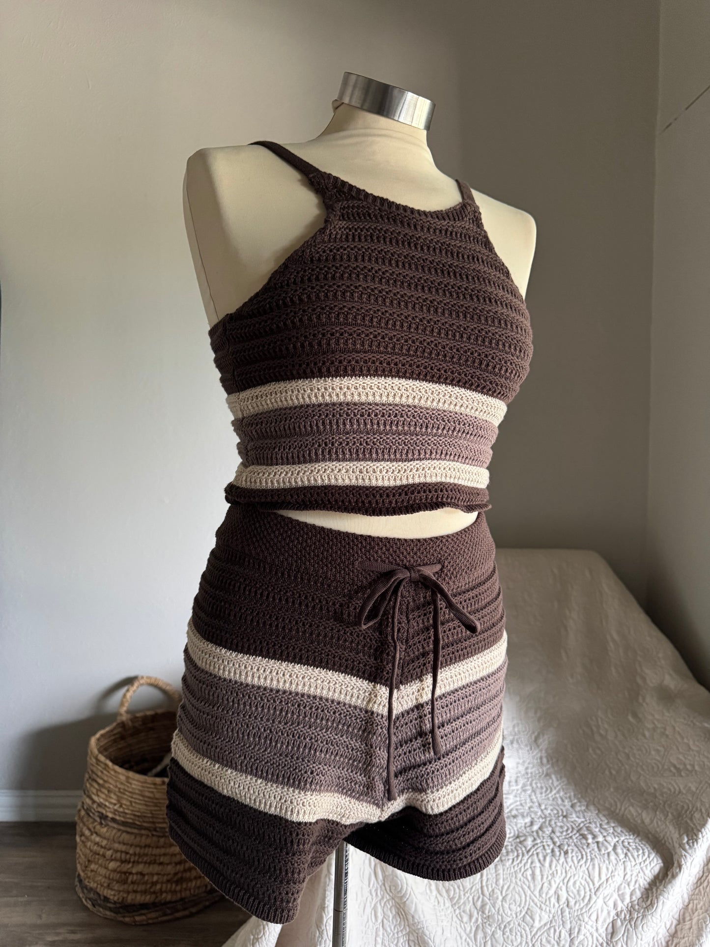 Hailey Cotton Crochet Knit Shorts In Espresso