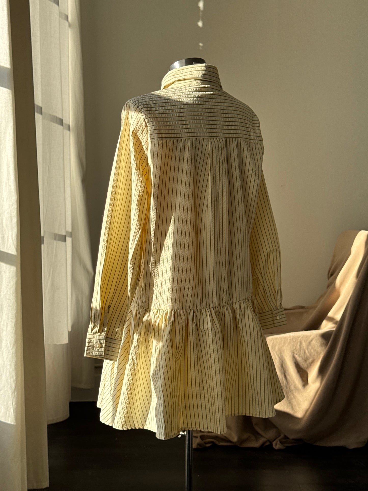 Cynthia Cotton Button Down Long Sleeve Striped Dress In Vanilla & Brown￼