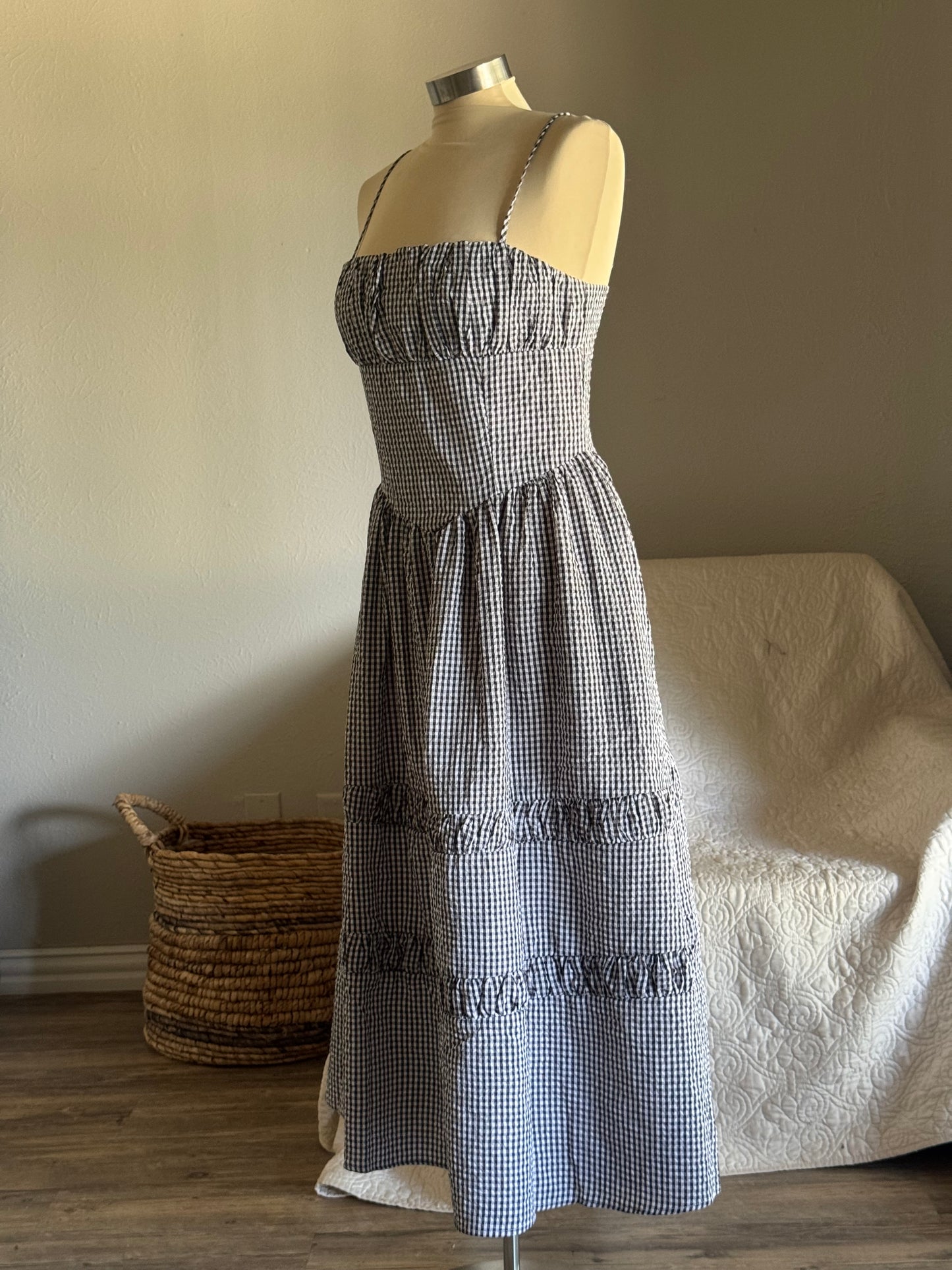 Natasha Cotton Gingham Midi Dress In Black