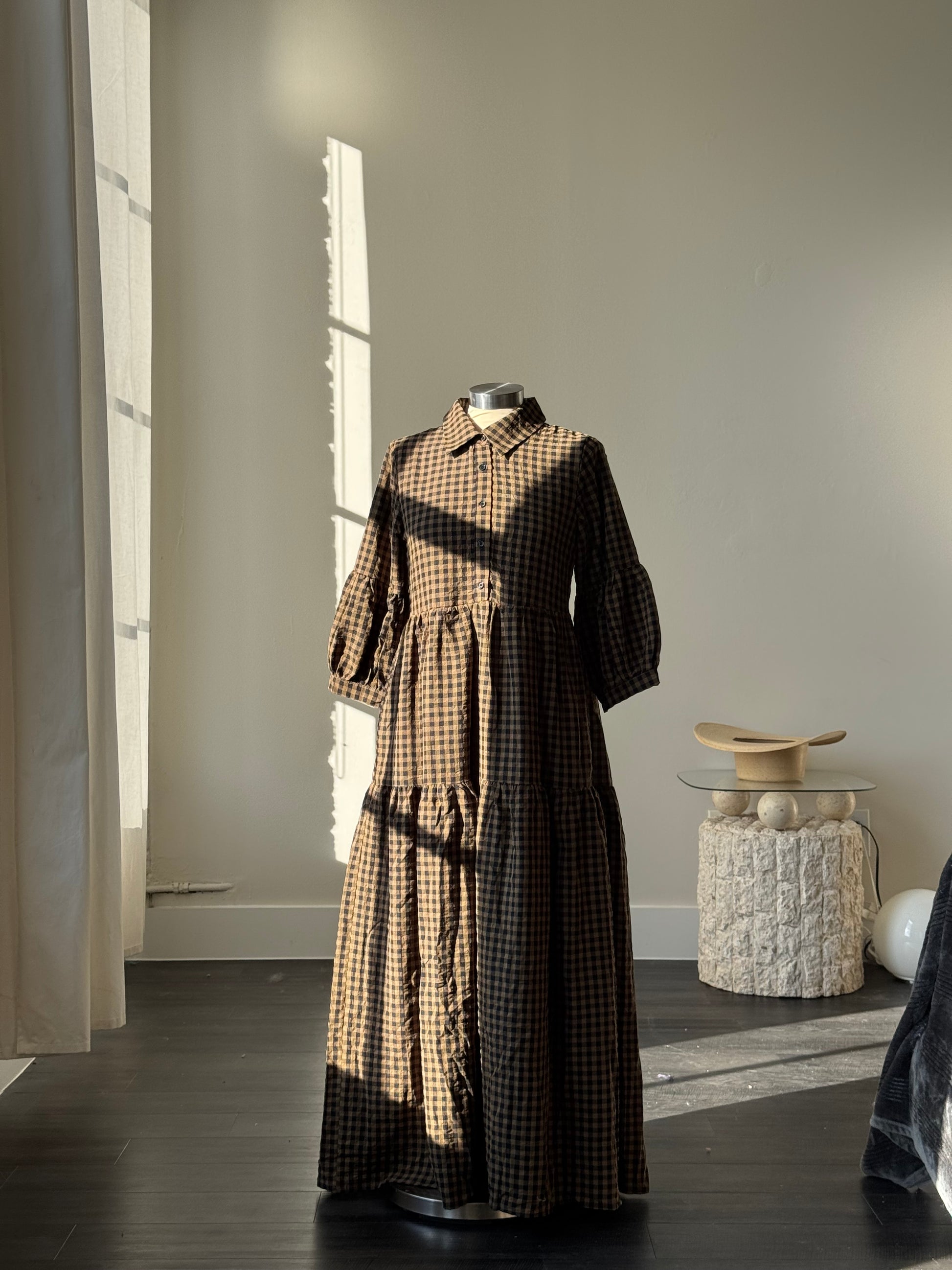 Jacqueline Cotton Gingham Maxi Dress In Olive Brown M