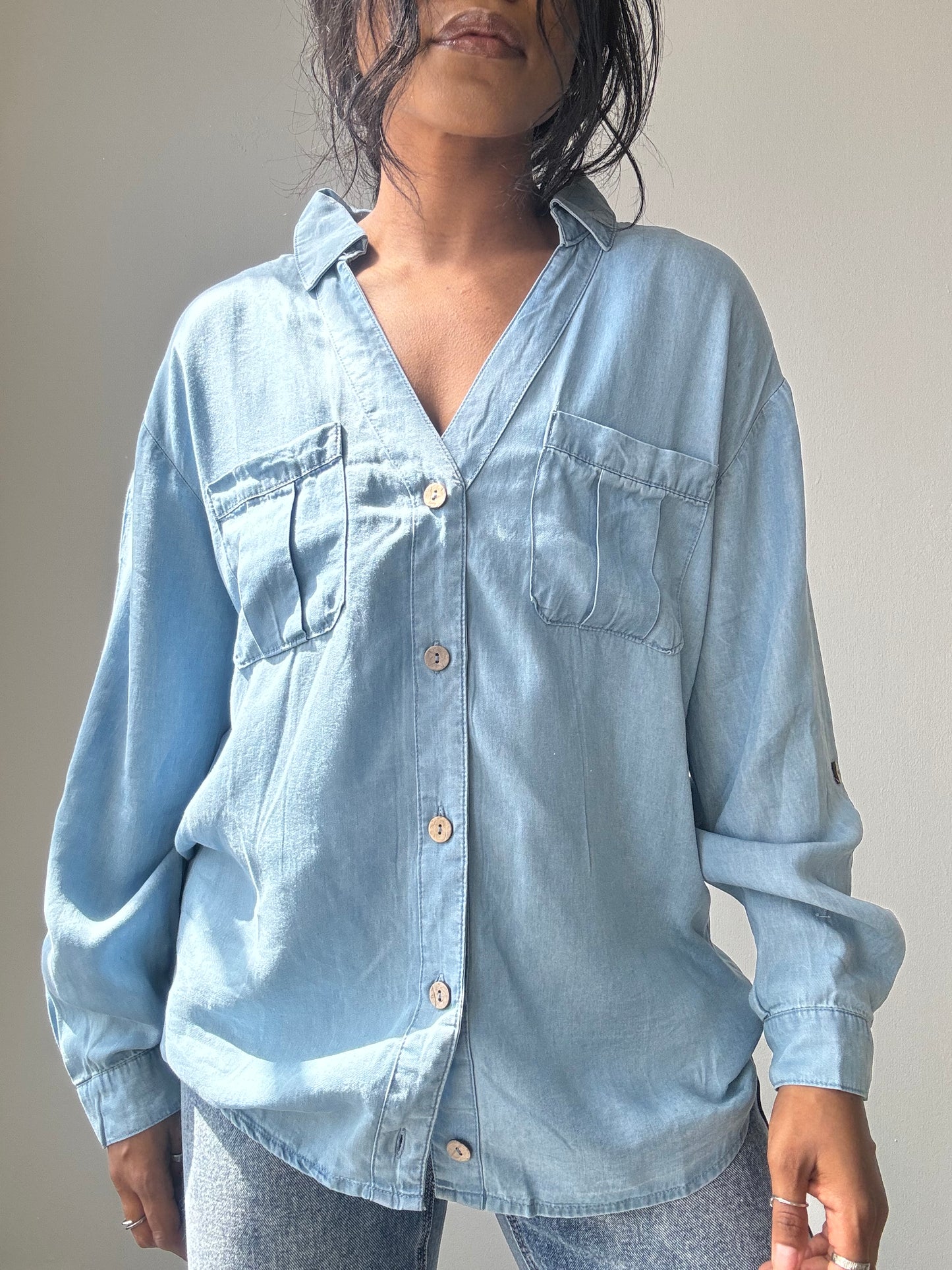 Jake Tencel & Cotton Button Down Shirt In Light Denim