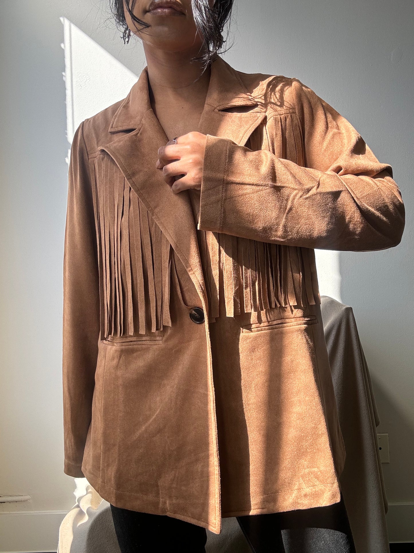 Booker Fringe Suede Modern Western Blazer In Camel