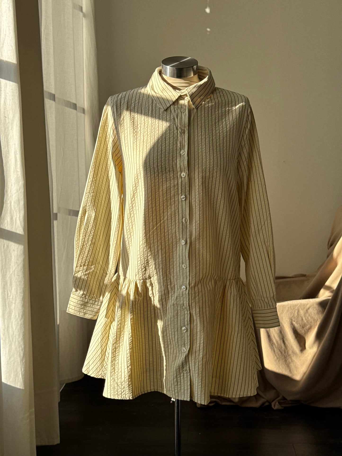 Cynthia Cotton Button Down Long Sleeve Striped Dress In Vanilla & Brown￼