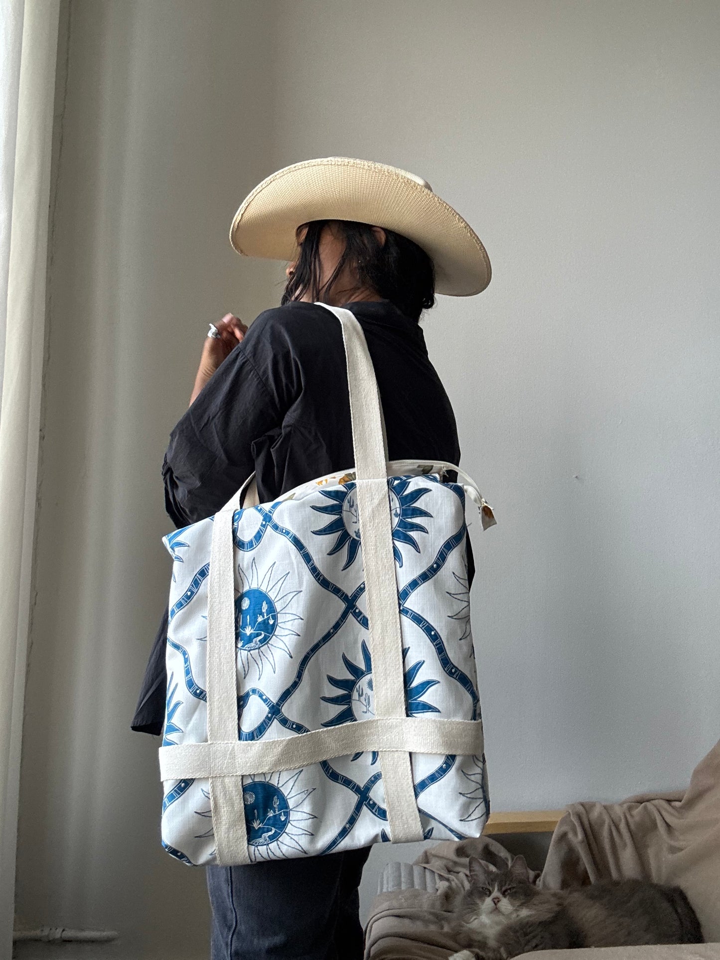 Magnus Handcrafted Cotton Tote Hat Holder Bag In Embroidered Canvas