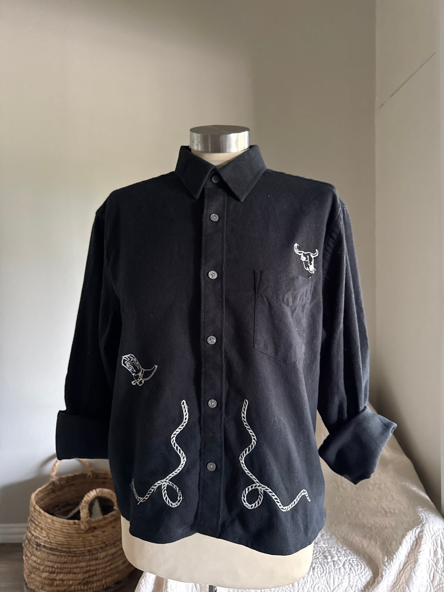 Lawrence Handcrafted Sad Songs Cropped Long Sleeve Button Down In Black
