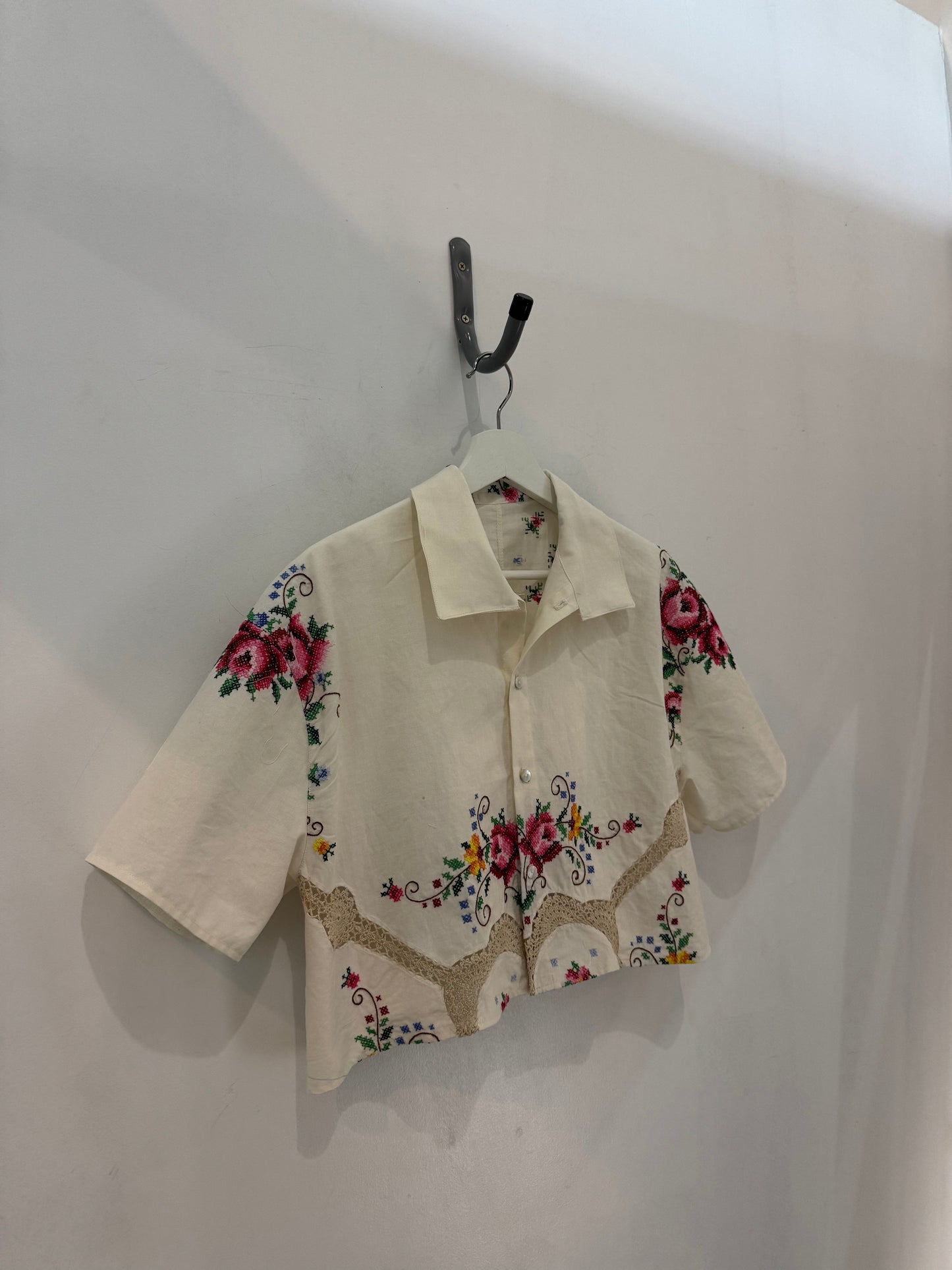Judy Handcrafted Vintage Embroidered Crochet Cropped Button Down