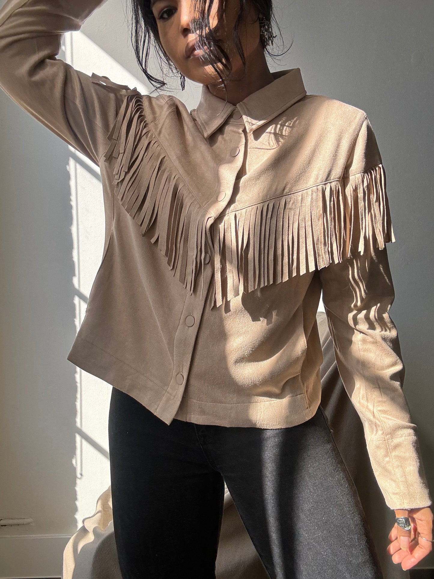 Brooks Cropped Fringe Suede Modern Western Shacket In Taupe