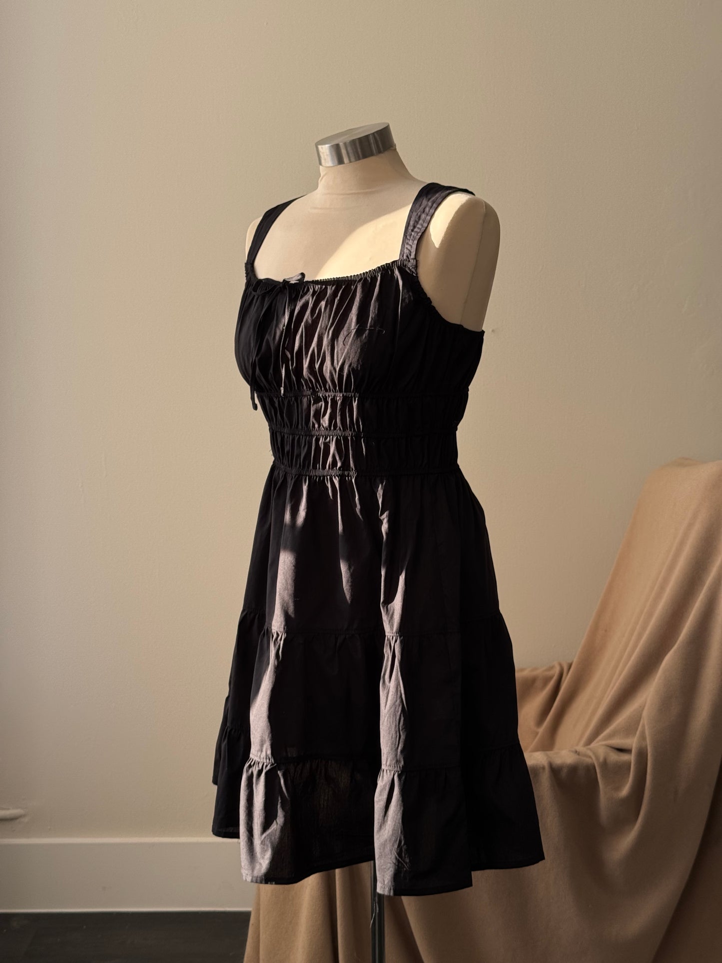 Marissa Cotton Rouged & Tiered Sundress In Black