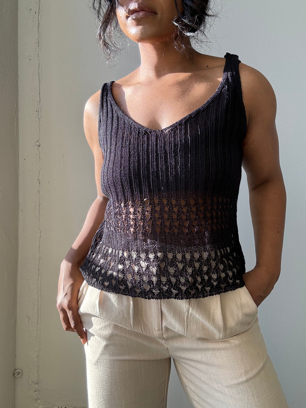 Perry Crochet Knit Tank Top In Black
