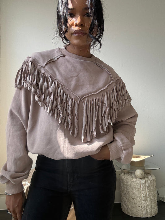 Kalon Cotton Crewneck Western Style Fringe Pullover In Sand