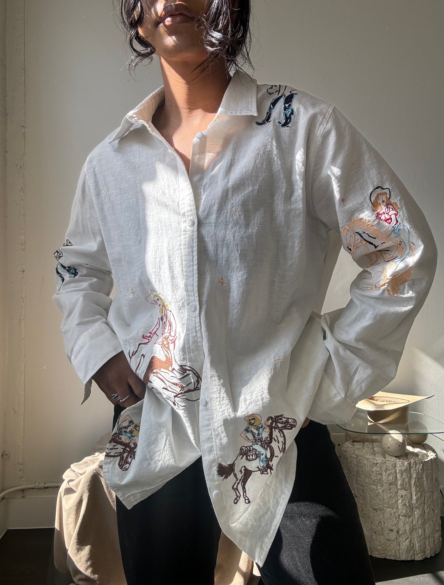 Llewellyn Cotton & Linen Embroidered Cowgirl Button Down