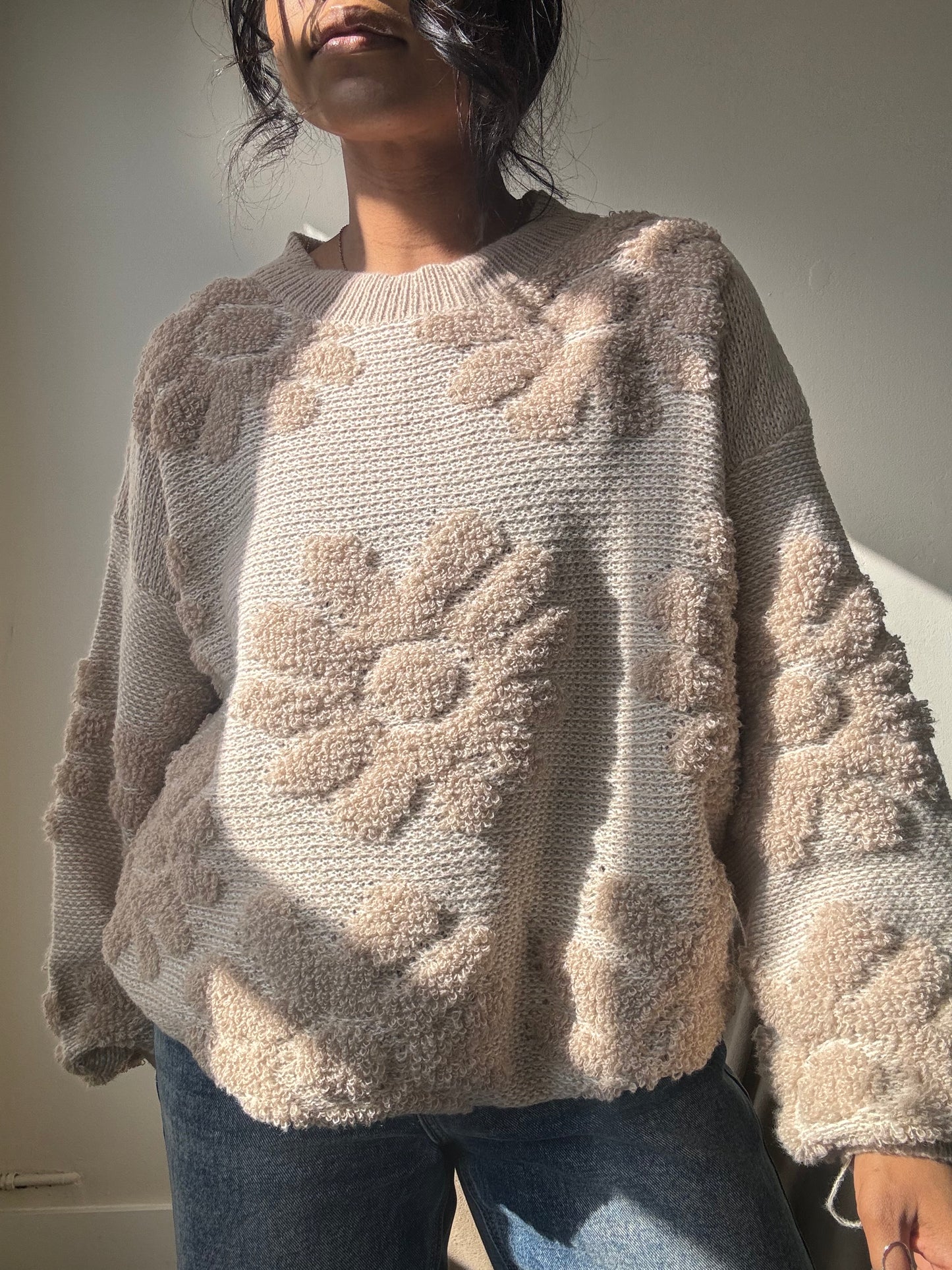 Mable Cotton Knit Floral Pullover Sweater In Natural