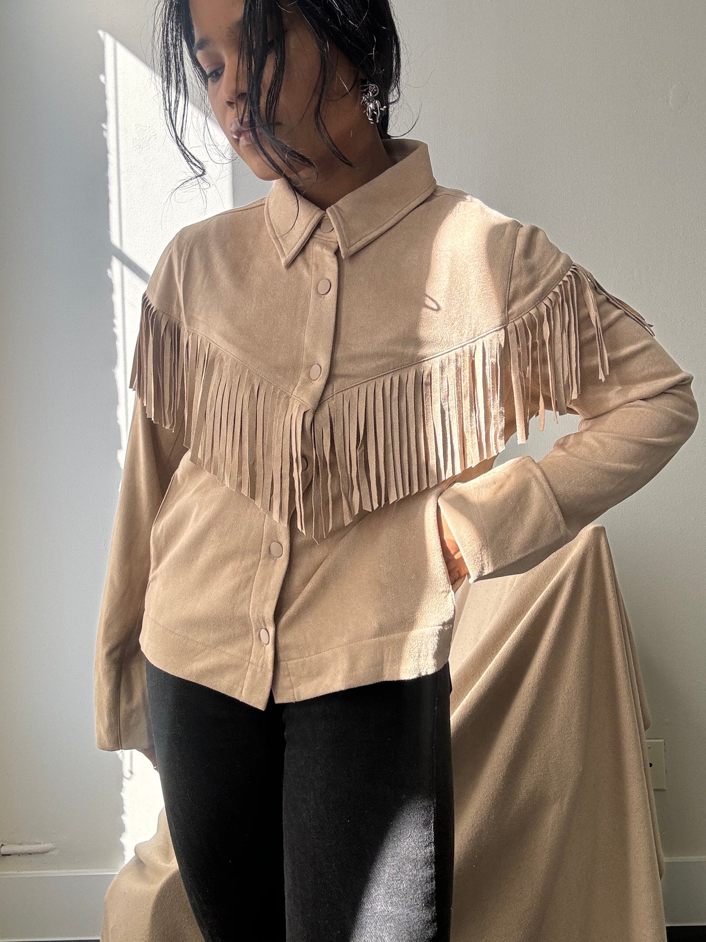 Brooks Cropped Fringe Suede Modern Western Shacket In Taupe