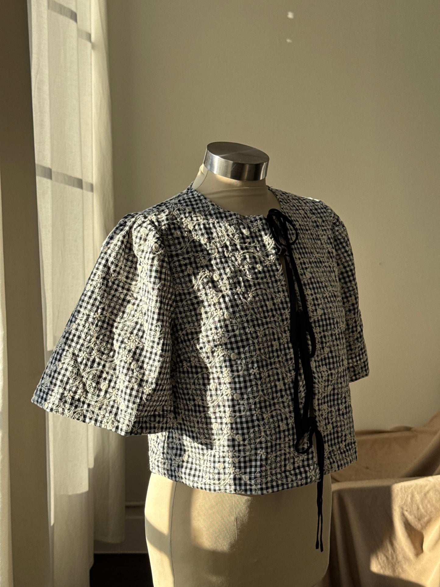 Toni Cotton Embroidered Tie Front Top In Black Floral Gingham￼ ￼