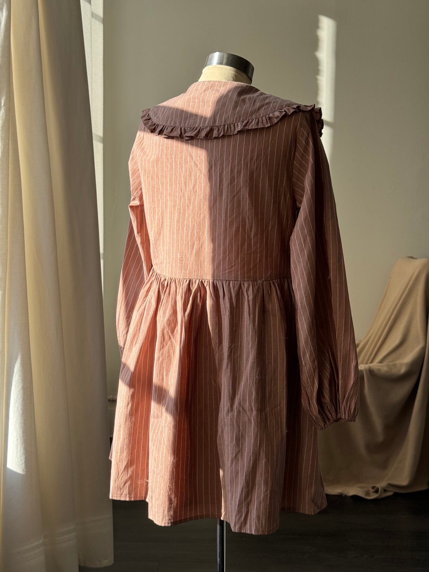 Odessa Striped Tie Front Ruffle Collar Cotton Dress In Malt