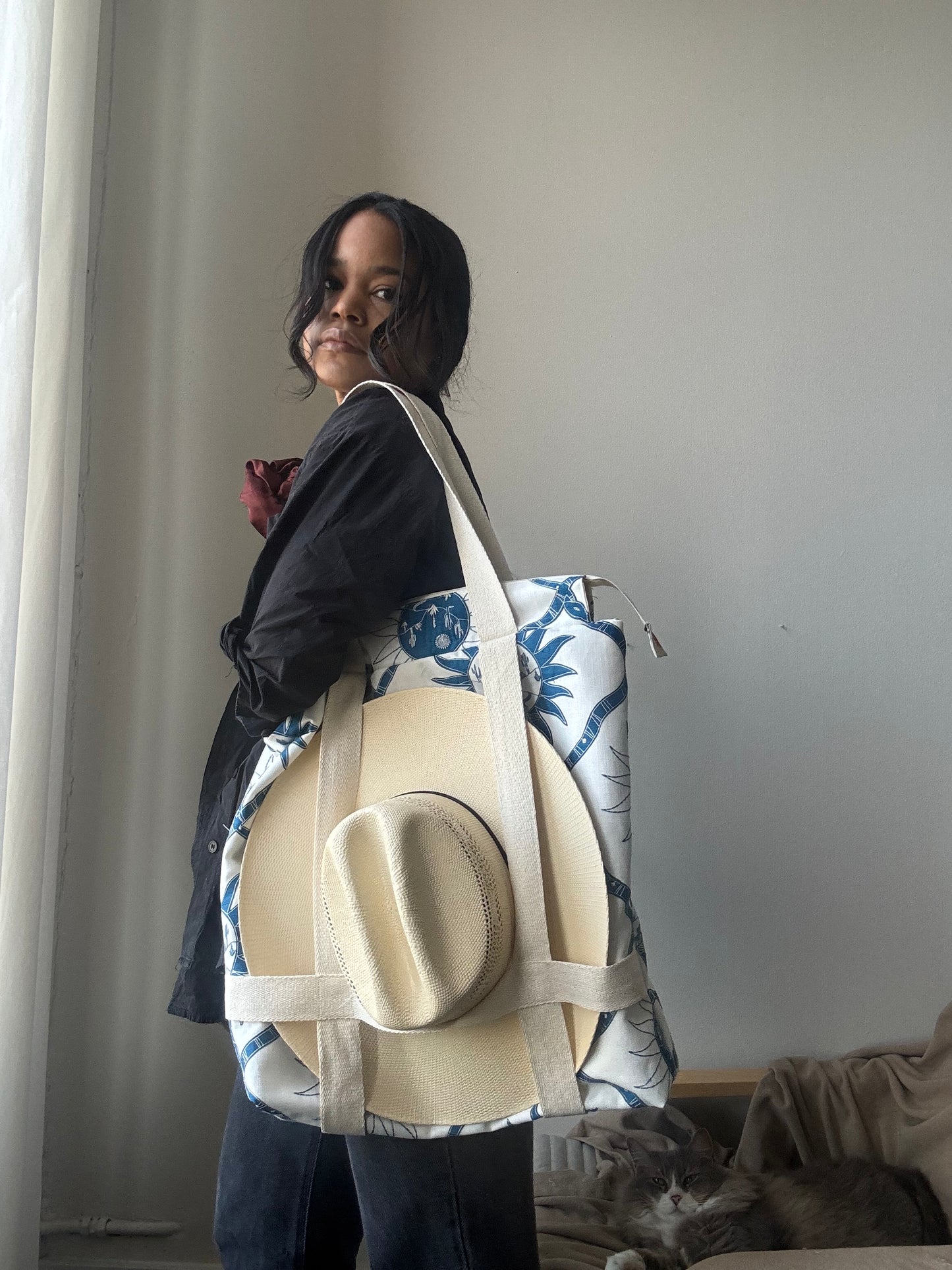 Magnus Handcrafted Cotton Tote Hat Holder Bag In Embroidered Canvas