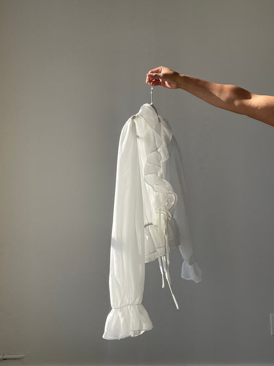Carly Ruffle Sheer Balloon Sleeve Top In White