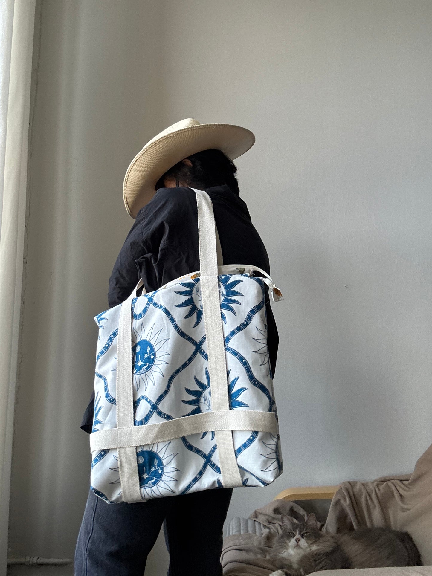 Magnus Handcrafted Cotton Tote Hat Holder Bag In Embroidered Canvas